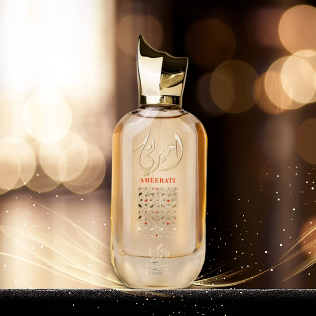 Perfume bottle with 'Ameeraati' branding on a blurred background