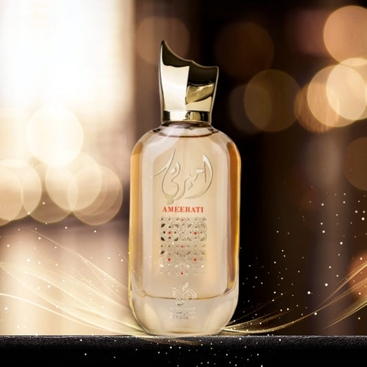 Perfume bottle with 'Ameeraati' branding on a blurred background