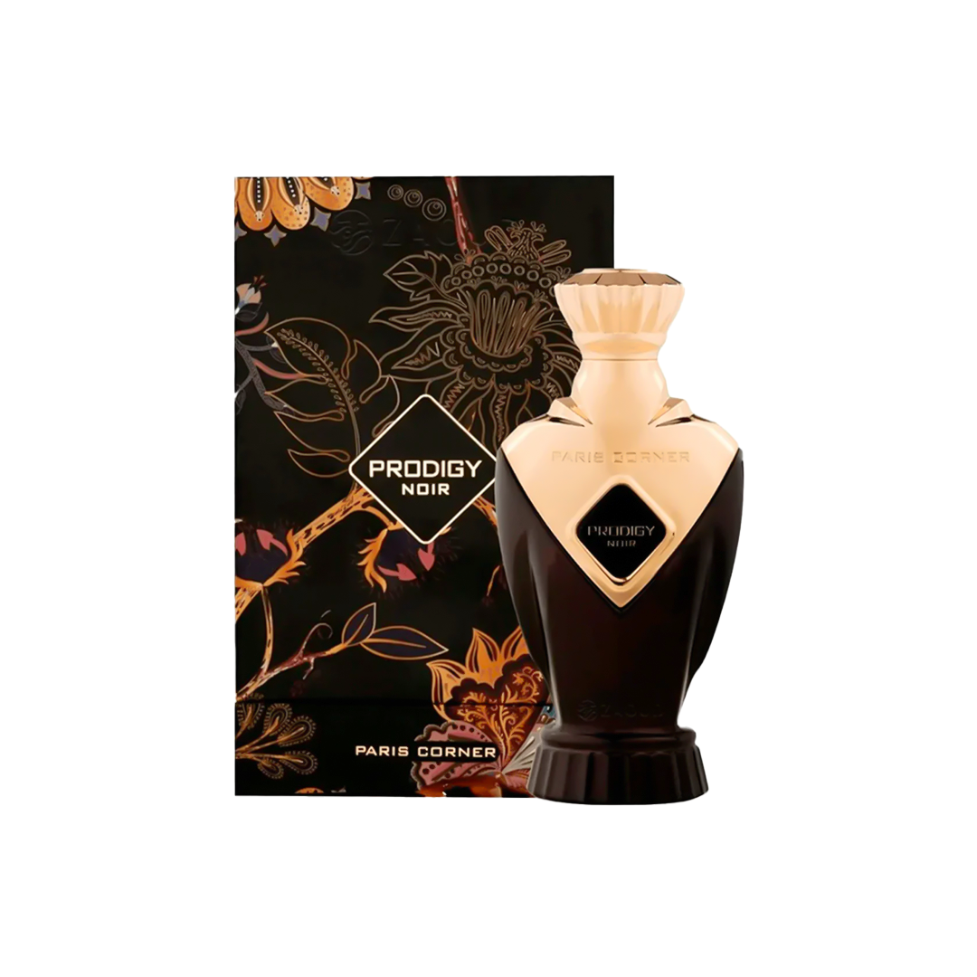 A bottle of Paris Corner Prodigy Noir Eau De Parfum with a dark, floral design on the packaging and a gold-colored cap.