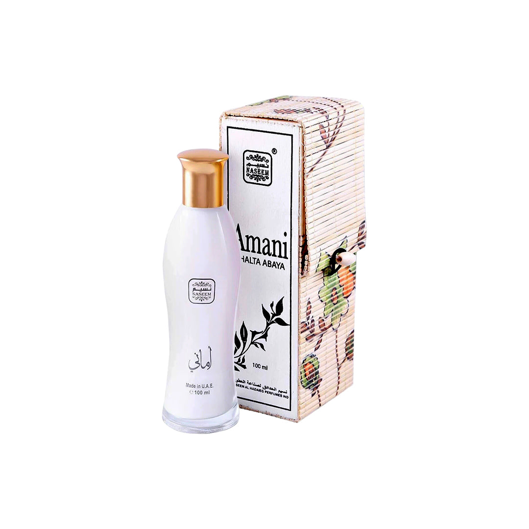 Amani perfume bottle with packaging on a white background