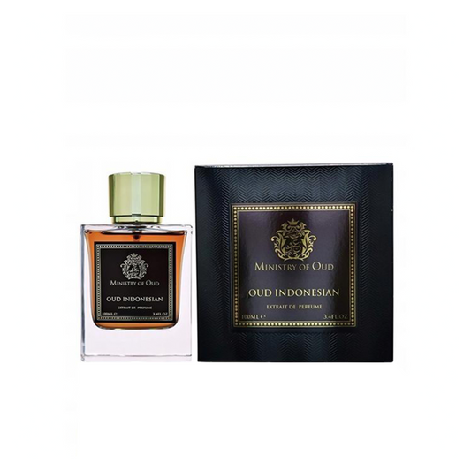 Perfume bottle and packaging of Ministry of Oud Oud Indonesian on a white background