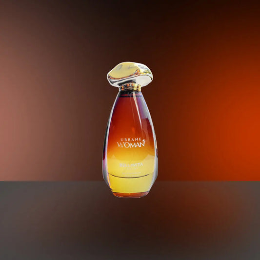 Perfume bottle labeled 'Urbane Woman' with a gradient design on a dark background