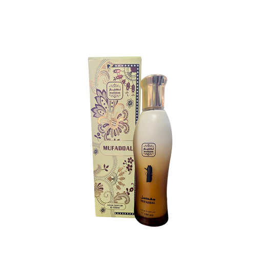 Perfume bottle and packaging with 'Mufaddal' branding on a white background