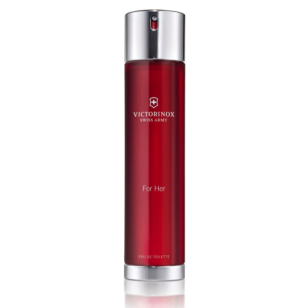 A red spray bottle of Victorinox Swiss Army Eau De Toilette For Her with a clear, sleek design.
